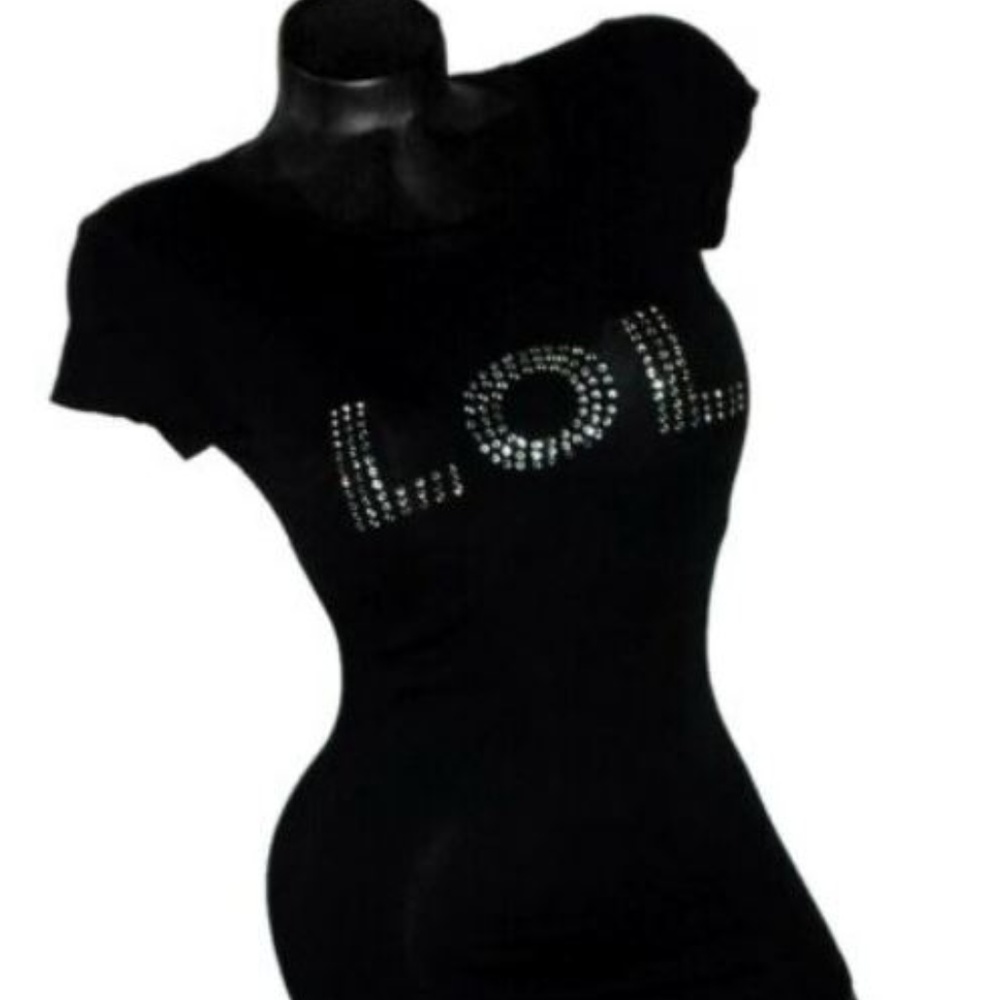 Sexy *LOL* Black Fitted Spandex Tee Preciosa Maxima Crystals.